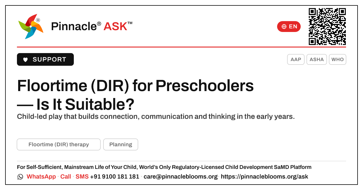 Is Floortime (DIR) therapy suitable for preschoolers? — Pinnacle Ask answer card with a short explanation and QR link