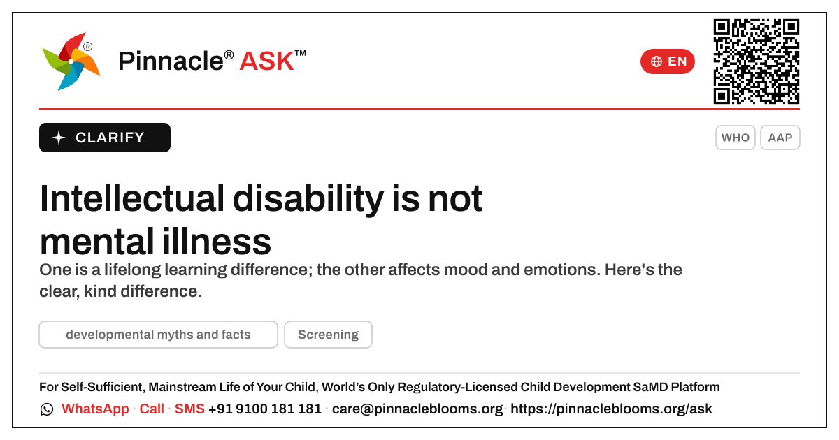 Is intellectual disability the same as mental illness? — Pinnacle Ask answer card with a short explanation and QR link