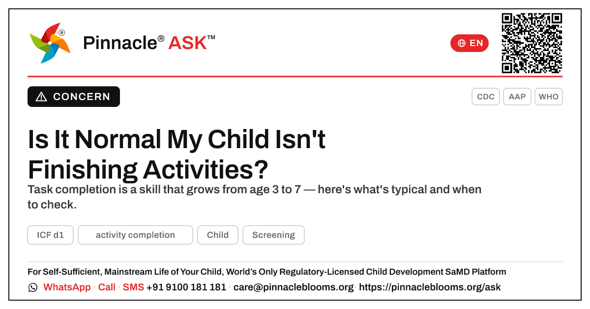 Is It Normal My Child Isn't Yet Completing Activities? — Pinnacle Ask answer card with a short explanation and QR link