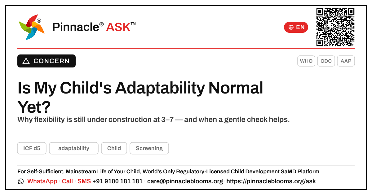 Is it normal that my child is not yet showing adaptability? — Pinnacle Ask answer card with a short explanation and QR link