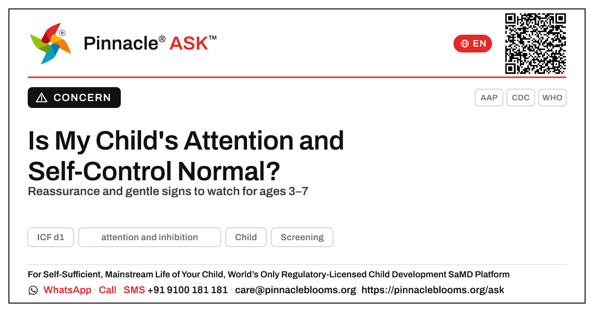 Attention and Inhibition in Young Children — Pinnacle Ask answer card with a short explanation and QR link