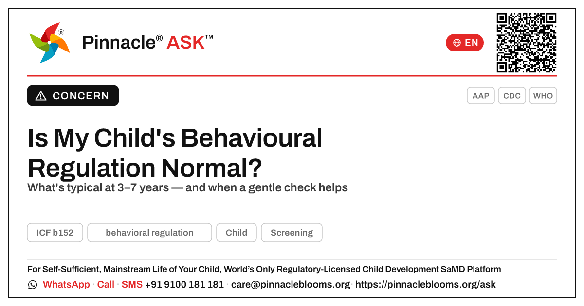 Is My Child's Behavioural Regulation Normal? — Pinnacle Ask answer card with a short explanation and QR link