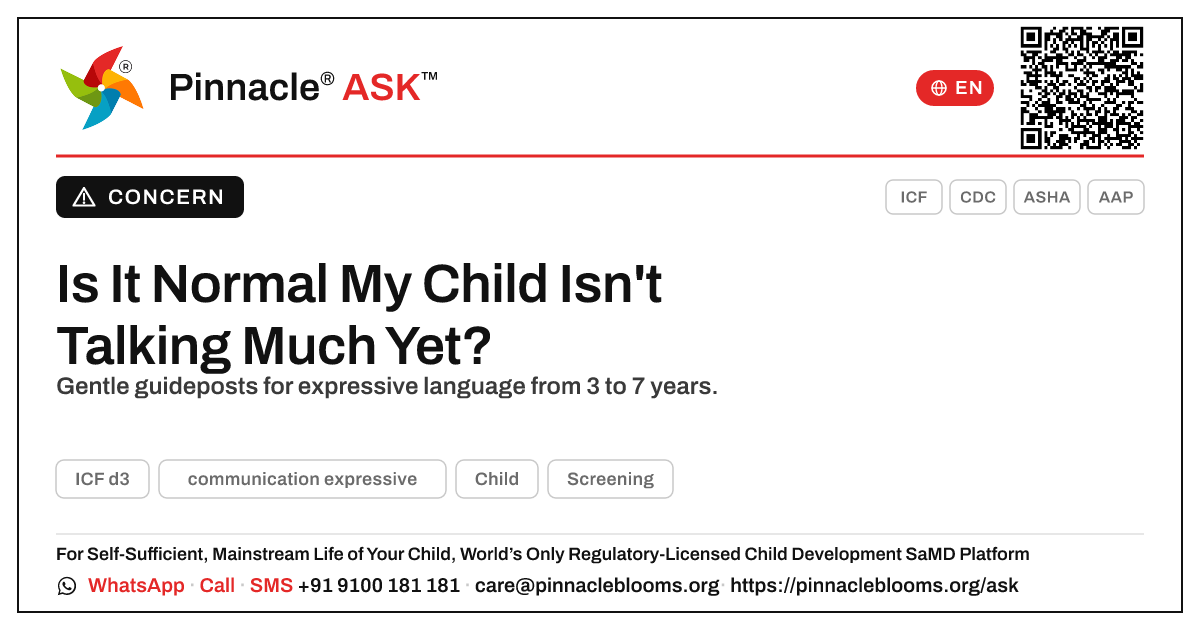 Is it normal my child isn't showing expressive communication yet? — Pinnacle Ask answer card with a short explanation and QR link