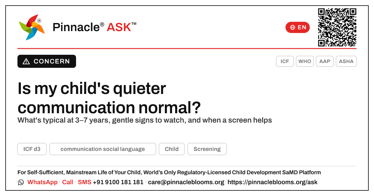Is it normal that my child isn't showing communication and social language yet? — Pinnacle Ask answer card with a short explanation and QR link