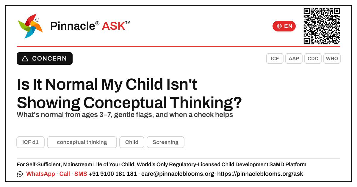 Is It Normal My Child Isn't Showing Conceptual Thinking? — Pinnacle Ask answer card with a short explanation and QR link