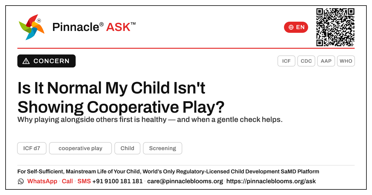 Cooperative Play: Is My Child Behind? — Pinnacle Ask answer card with a short explanation and QR link