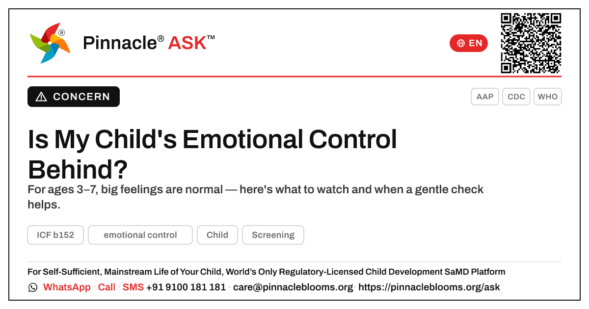 Is it normal that my child is not yet showing emotional control? — Pinnacle Ask answer card with a short explanation and QR link