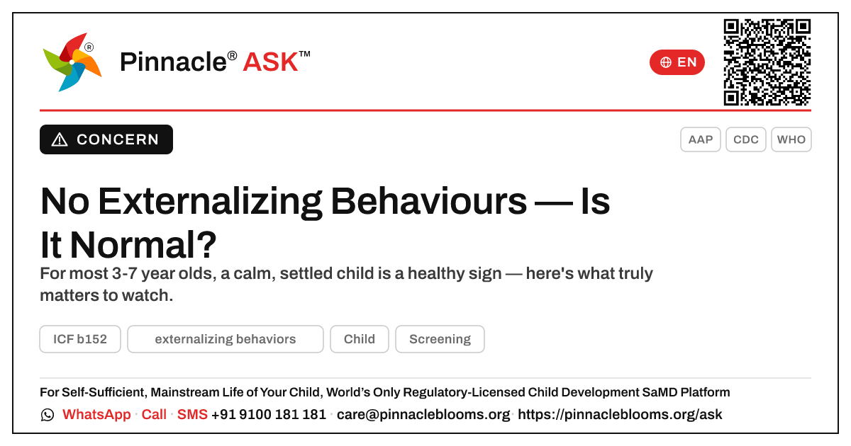 Is It Normal My Child Shows No Externalizing Behaviours? — Pinnacle Ask answer card with a short explanation and QR link