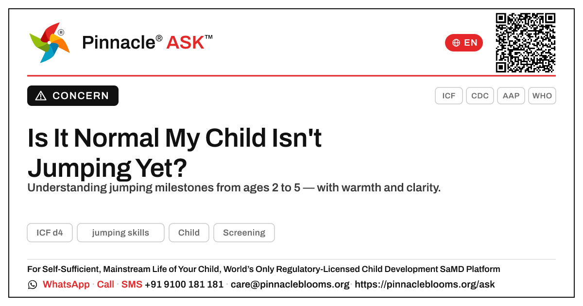 Is it normal that my child is not yet showing jumping skills? — Pinnacle Ask answer card with a short explanation and QR link