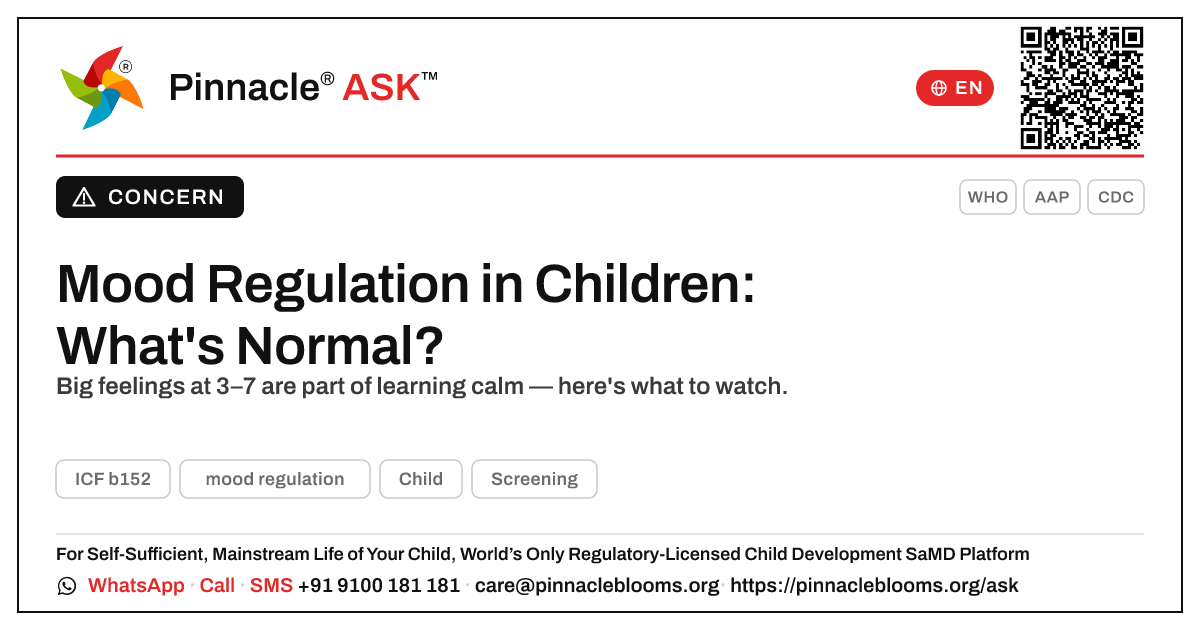 Is It Normal That My Child Isn't Showing Mood Regulation? — Pinnacle Ask answer card with a short explanation and QR link