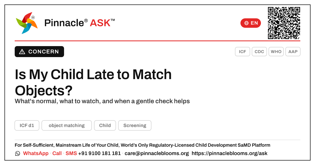 Is it normal that my child is not yet showing object matching? — Pinnacle Ask answer card with a short explanation and QR link