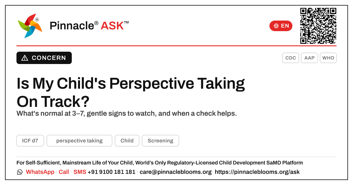 Is it normal that my child is not yet showing perspective taking? — Pinnacle Ask answer card with a short explanation and QR link