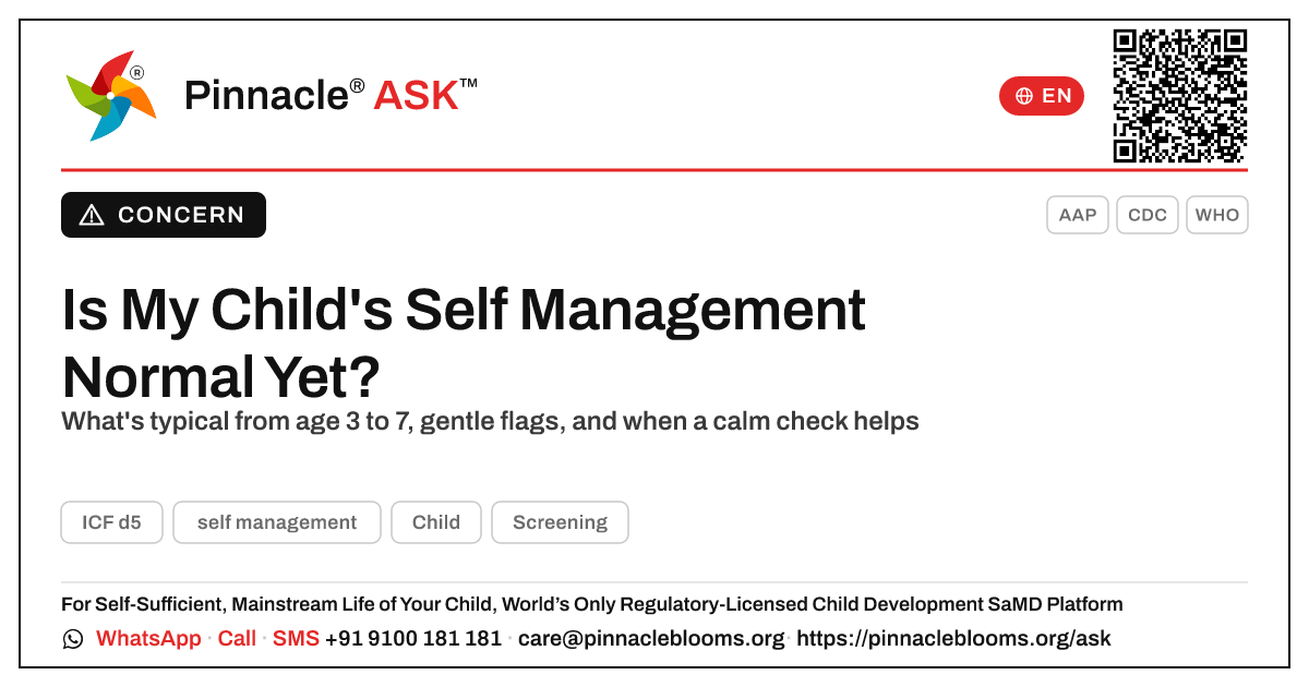 Is It Normal My Child Isn't Showing Self Management? — Pinnacle Ask answer card with a short explanation and QR link