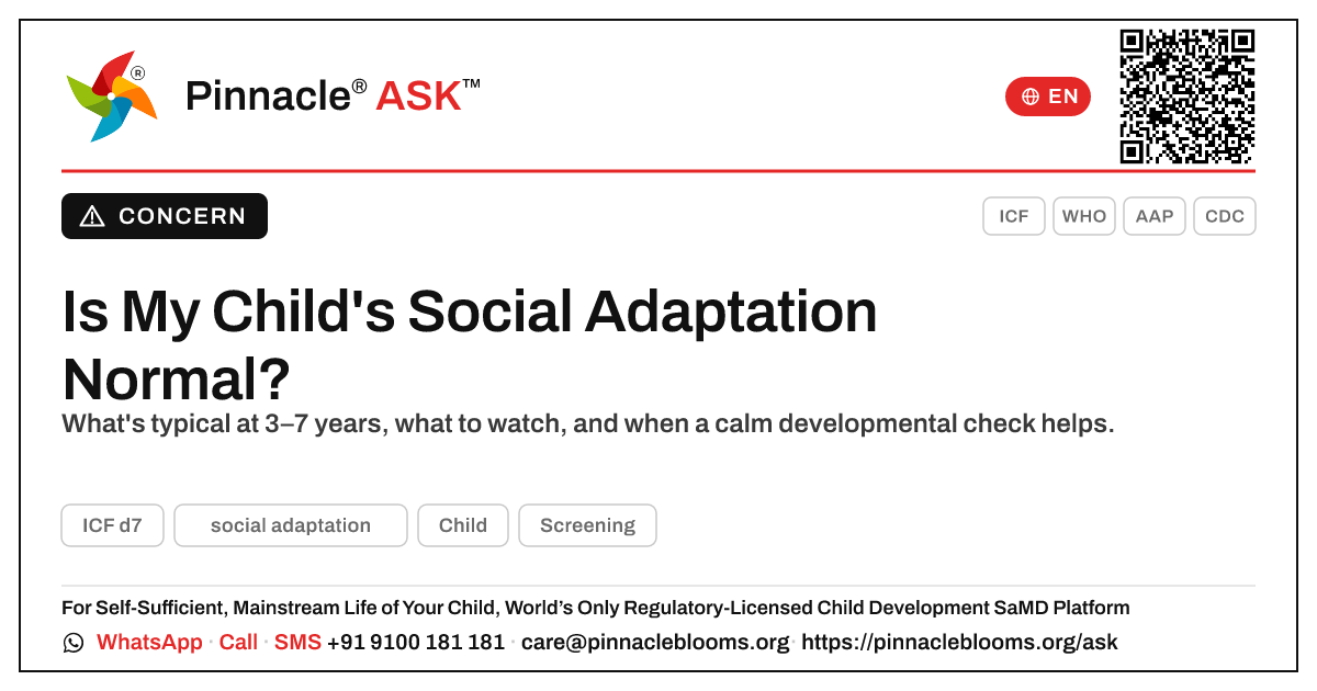 Is it normal that my child is not yet showing social adaptation? — Pinnacle Ask answer card with a short explanation and QR link