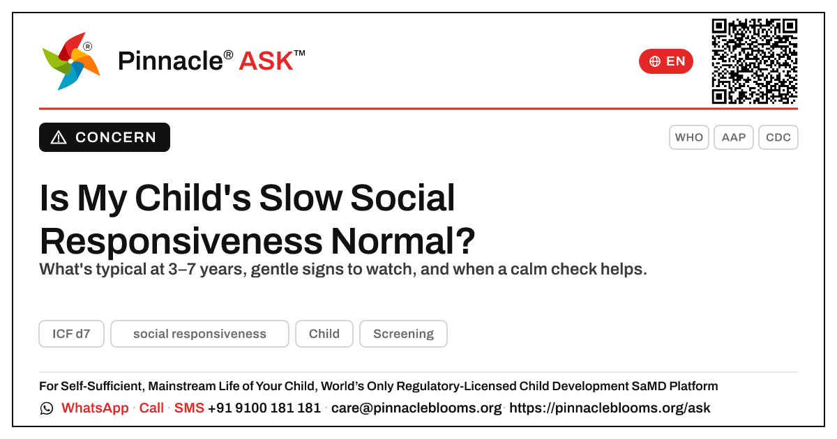 Is It Normal That My Child Is Not Yet Socially Responsive? — Pinnacle Ask answer card with a short explanation and QR link