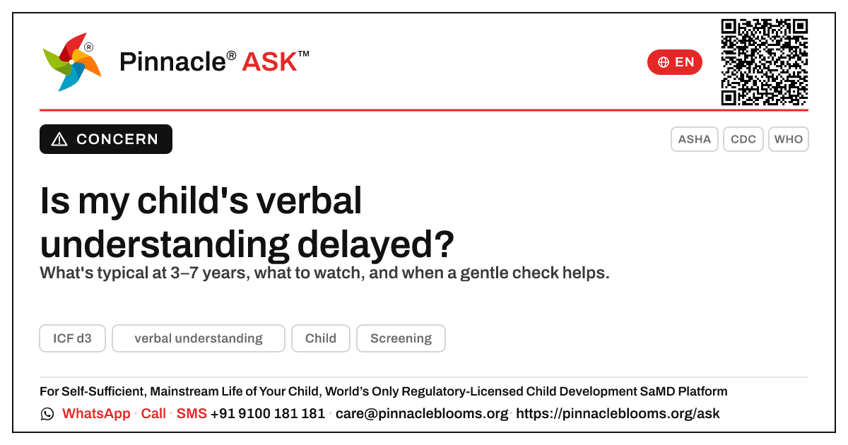 Verbal understanding in children: is a delay normal? — Pinnacle Ask answer card with a short explanation and QR link