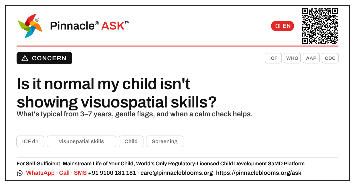 Is it normal that my child isn't yet showing visuospatial skills? — Pinnacle Ask answer card with a short explanation and QR link