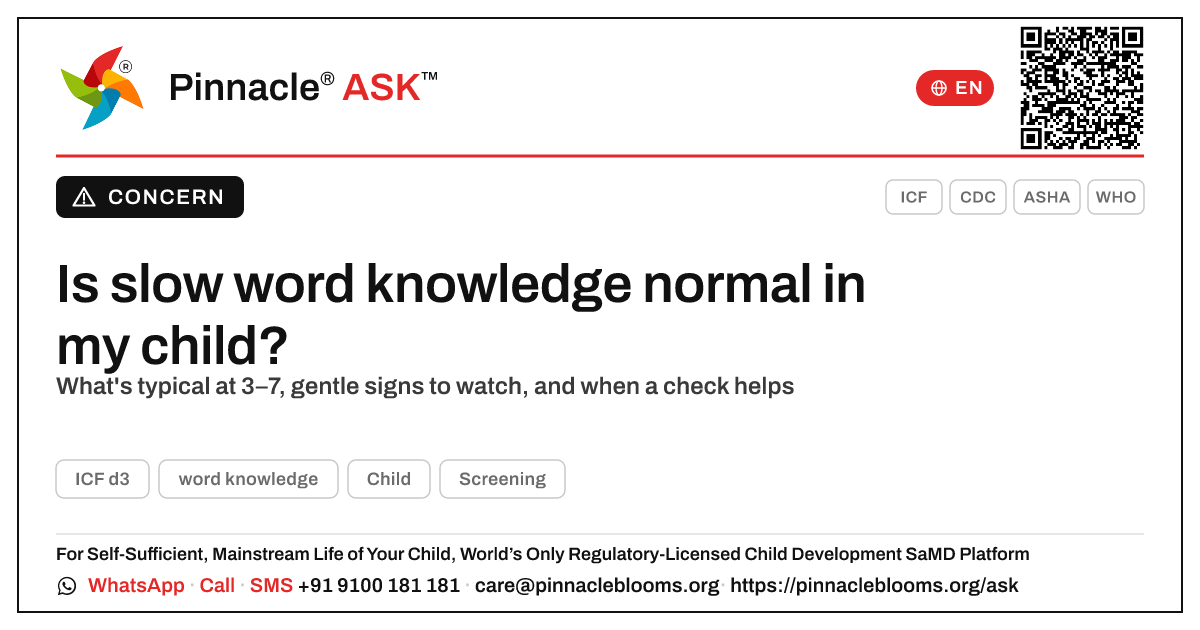 Is it normal that my child is not yet showing word knowledge? — Pinnacle Ask answer card with a short explanation and QR link