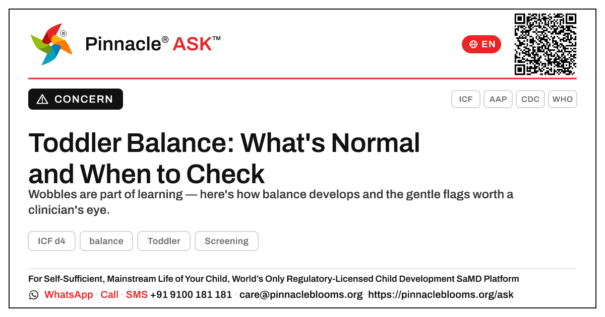 Is It Normal That My Toddler Is Not Yet Showing Balance? — Pinnacle Ask answer card with a short explanation and QR link
