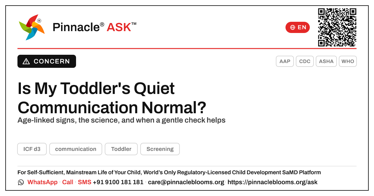 Is it normal that my toddler is not yet showing communication? — Pinnacle Ask answer card with a short explanation and QR link