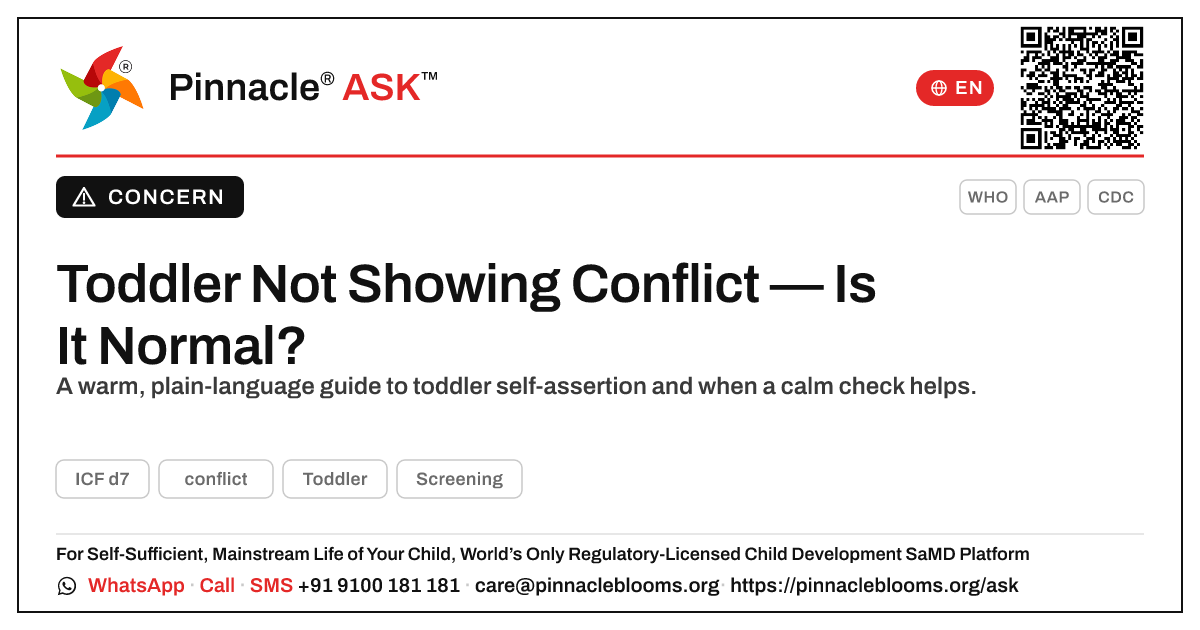 Is It Normal My Toddler Isn't Showing Conflict Yet? — Pinnacle Ask answer card with a short explanation and QR link