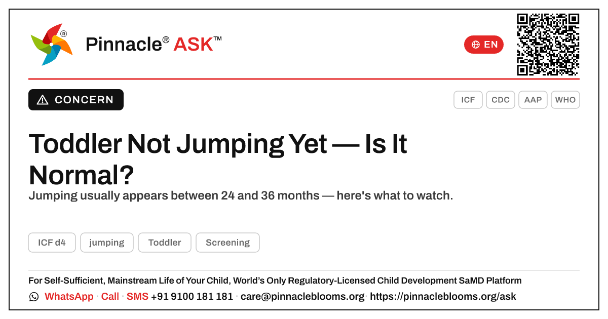 Is it normal that my toddler isn't jumping yet? — Pinnacle Ask answer card with a short explanation and QR link