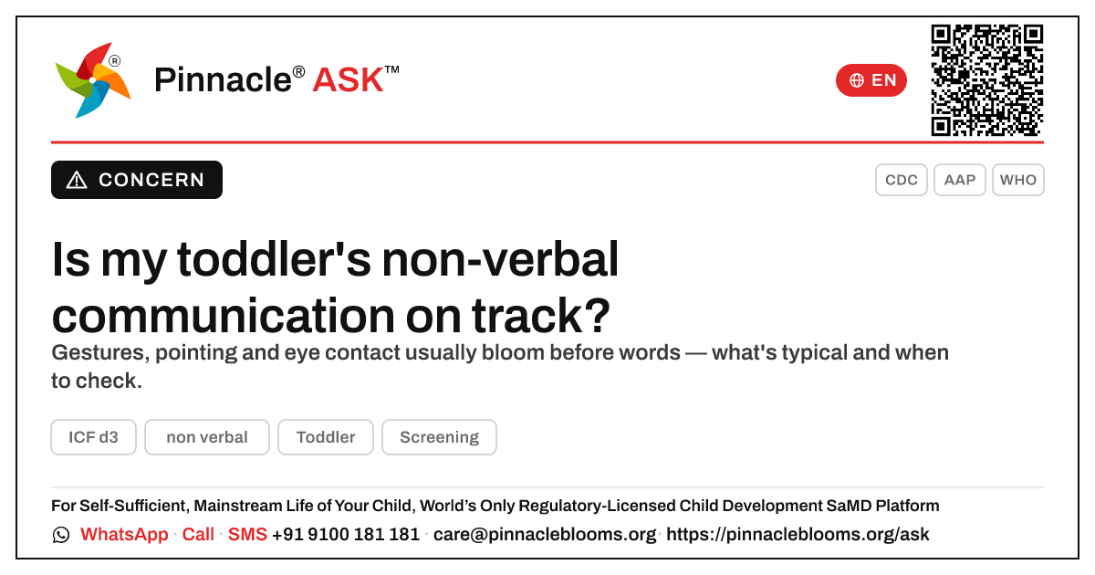 Is it normal that my toddler is not yet showing non-verbal communication? — Pinnacle Ask answer card with a short explanation and QR link