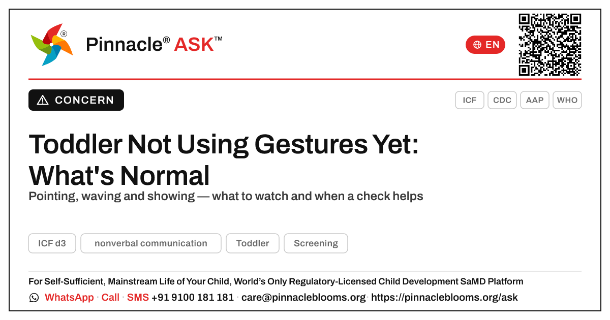 Is It Normal My Toddler Isn't Yet Using Nonverbal Communication? — Pinnacle Ask answer card with a short explanation and QR link