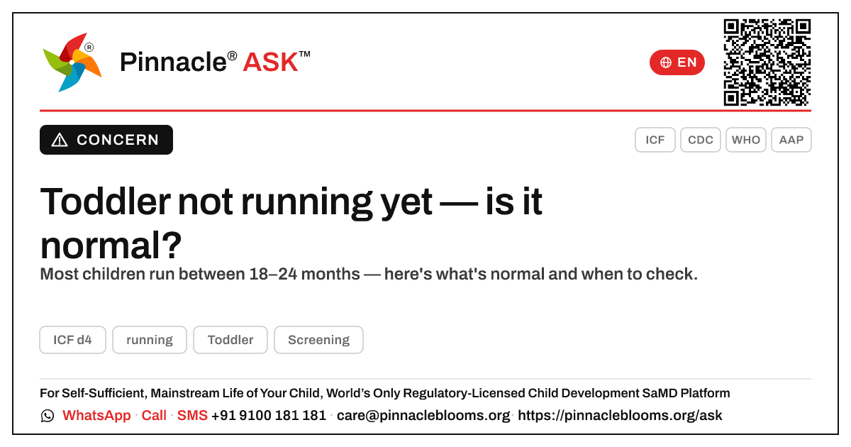 Is it normal that my toddler is not yet running? — Pinnacle Ask answer card with a short explanation and QR link