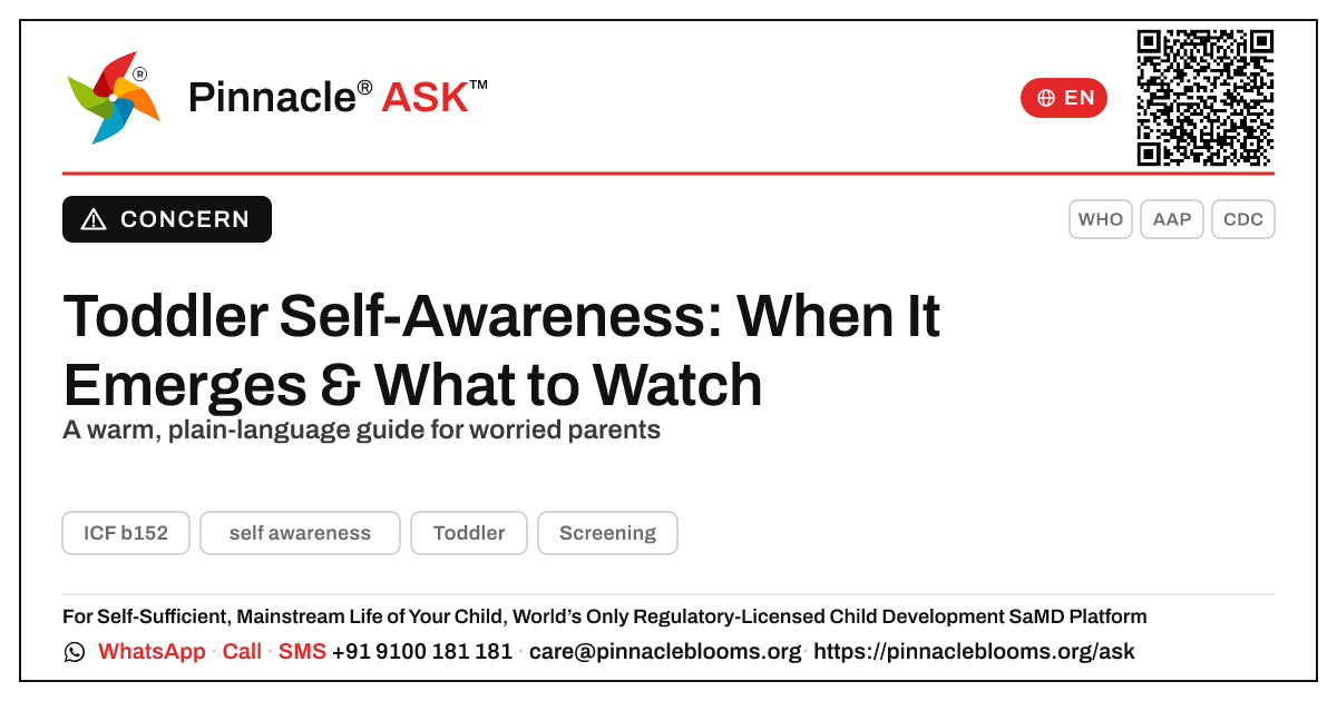 Is It Normal That My Toddler Is Not Yet Showing Self-Awareness? — Pinnacle Ask answer card with a short explanation and QR link