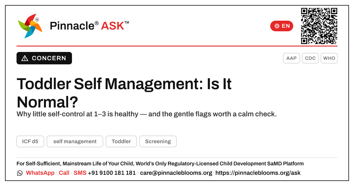 Is it normal that my toddler is not yet showing self management? — Pinnacle Ask answer card with a short explanation and QR link