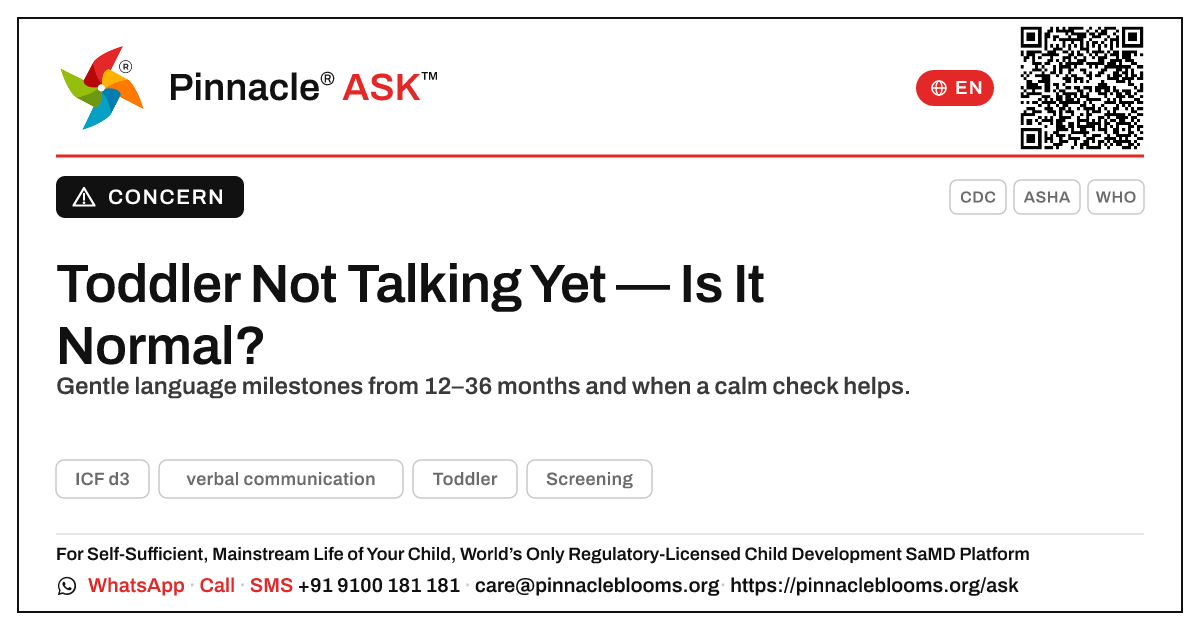 Is it normal that my toddler is not yet showing verbal communication? — Pinnacle Ask answer card with a short explanation and QR link