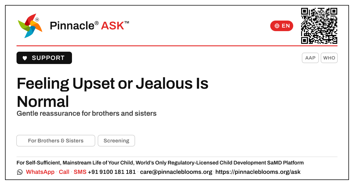 Is it normal to feel upset or jealous sometimes? — Pinnacle Ask answer card with a short explanation and QR link
