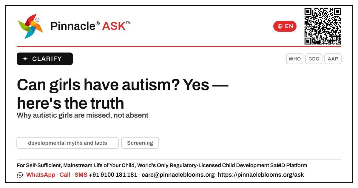 Is it true that girls cannot have autism? — Pinnacle Ask answer card with a short explanation and QR link