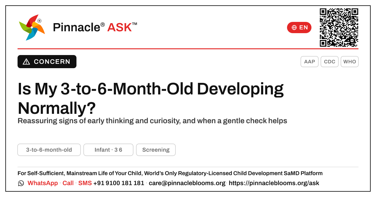 3-to-6-Month Cognitive Development — Pinnacle Ask answer card with a short explanation and QR link