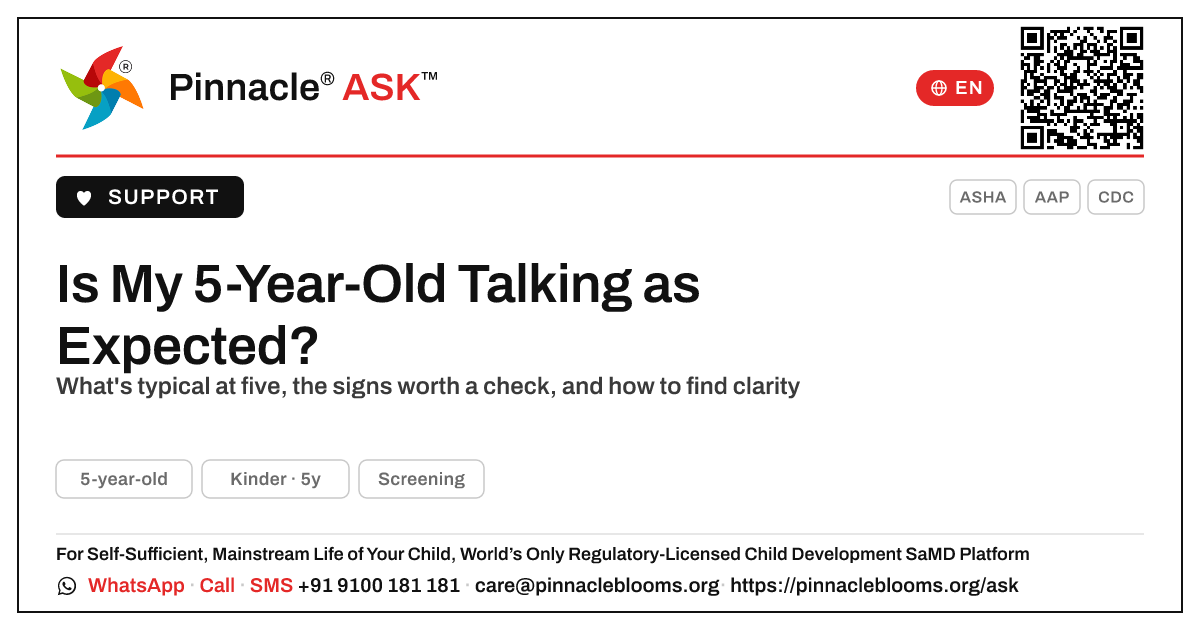 Is my 5-year-old talking as expected for their age? — Pinnacle Ask answer card with a short explanation and QR link