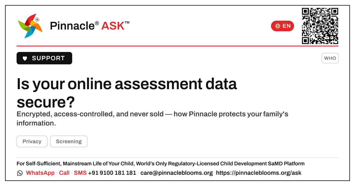 Is online assessment data secure? — Pinnacle Ask answer card with a short explanation and QR link