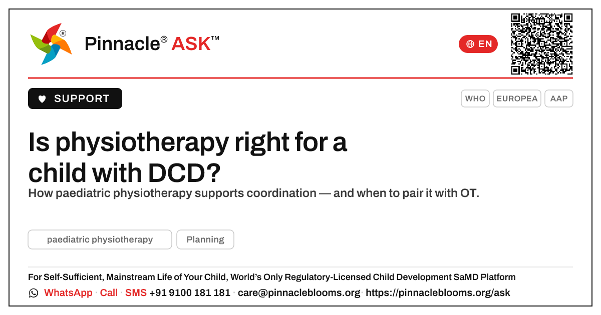 Is paediatric physiotherapy right for a child with DCD? — Pinnacle Ask answer card with a short explanation and QR link