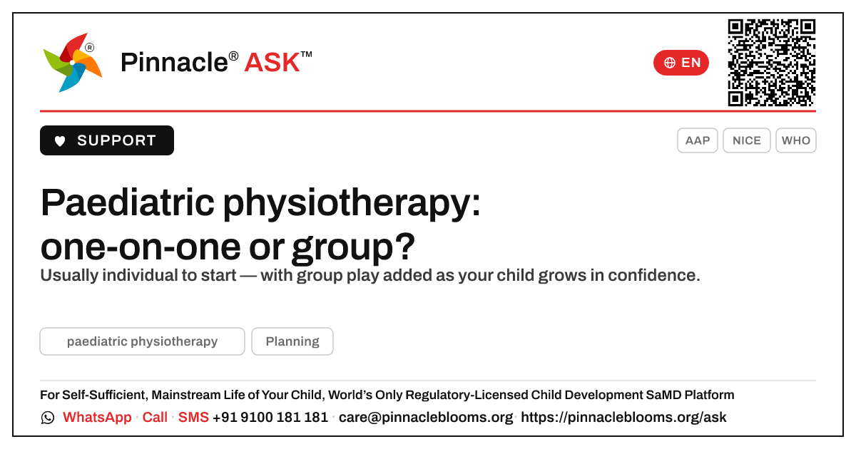 Is paediatric physiotherapy usually one-on-one or in a group? — Pinnacle Ask answer card with a short explanation and QR link