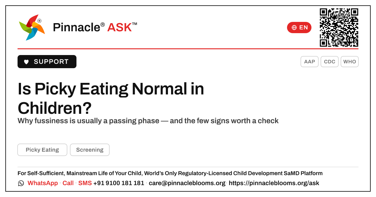Is Picky Eating a Normal Part of Child Development? — Pinnacle Ask answer card with a short explanation and QR link