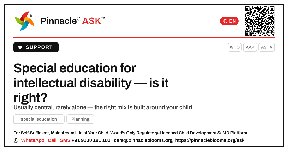 Is special education right for a child with intellectual disability? — Pinnacle Ask answer card with a short explanation and QR link