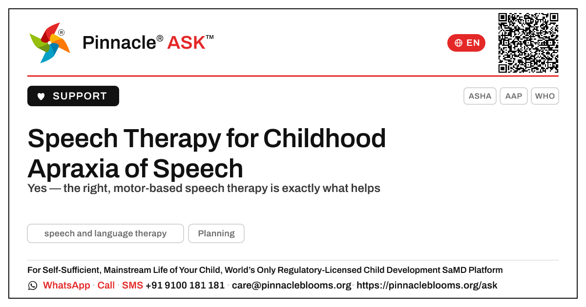 Is Speech Therapy Right for Childhood Apraxia of Speech? — Pinnacle Ask answer card with a short explanation and QR link