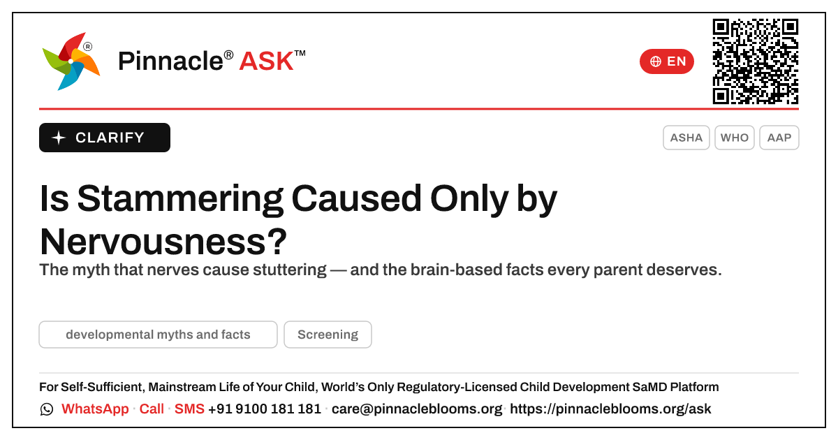 Is Stammering Caused Only by Nervousness? — Pinnacle Ask answer card with a short explanation and QR link