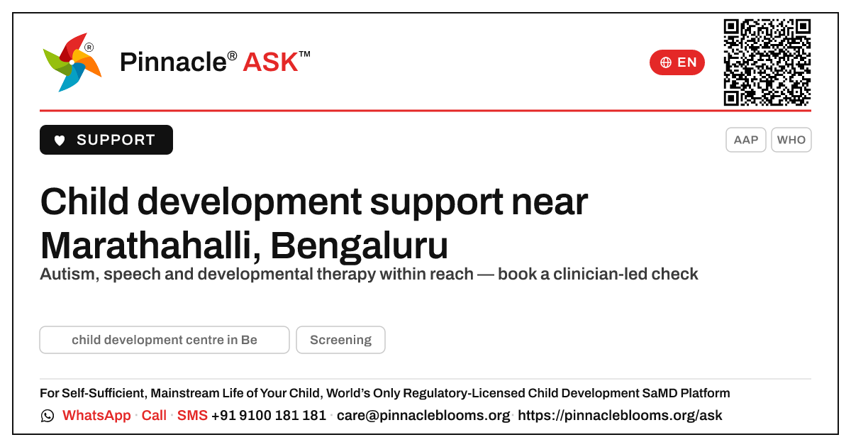 Is there an autism and child development centre in Marathahalli, Bengaluru? — Pinnacle Ask answer card with a short explanation and QR link