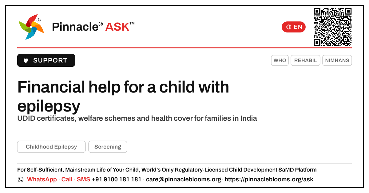 Is there financial help for a child with childhood epilepsy? — Pinnacle Ask answer card with a short explanation and QR link