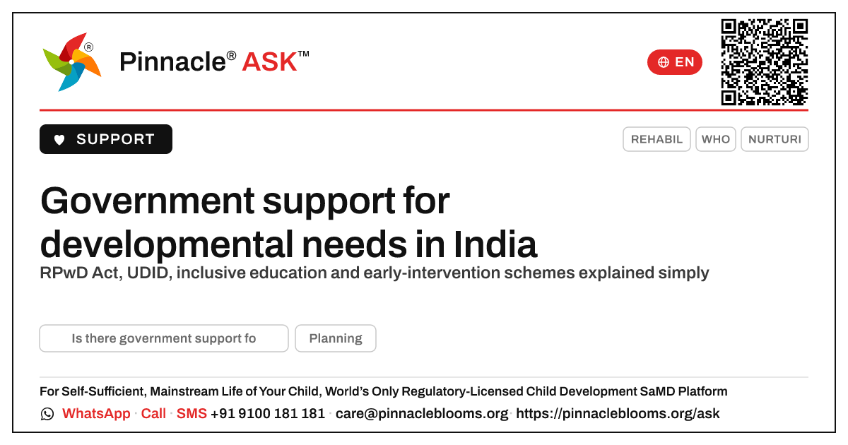 Is there government support for children with developmental needs in India? — Pinnacle Ask answer card with a short explanation and QR link