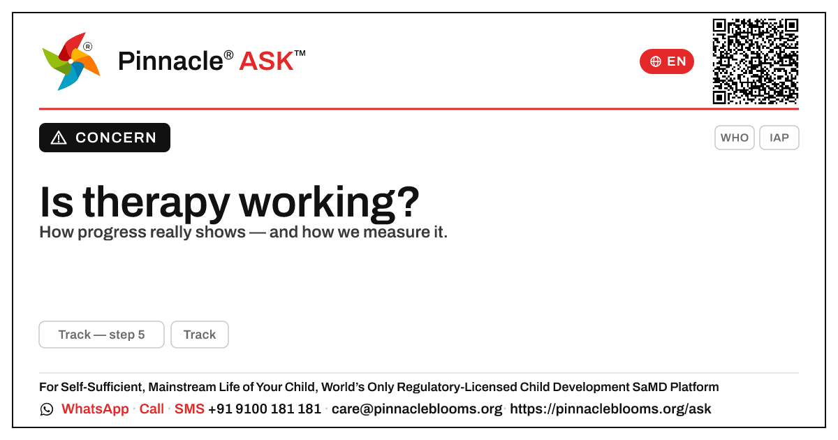 How will I know if my child's therapy is actually working? — Pinnacle Ask answer card with a short explanation and QR link