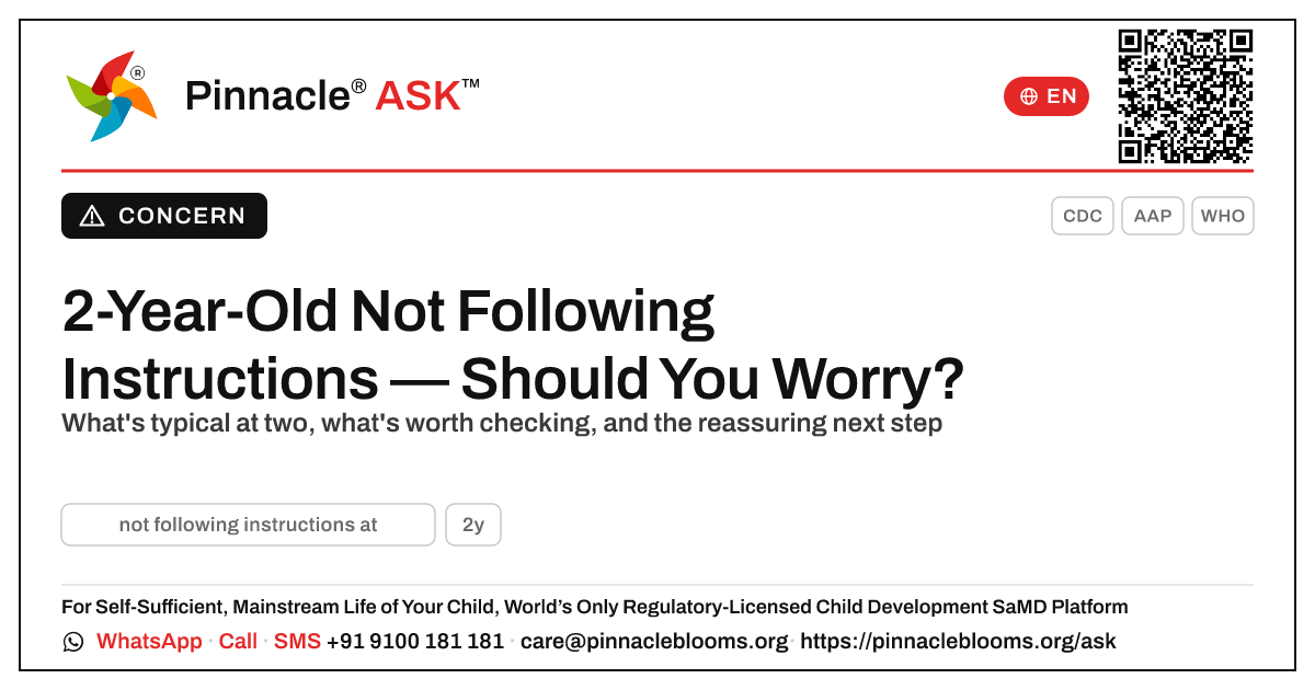 2-Year-Old Not Following Instructions — Pinnacle Ask answer card with a short explanation and QR link