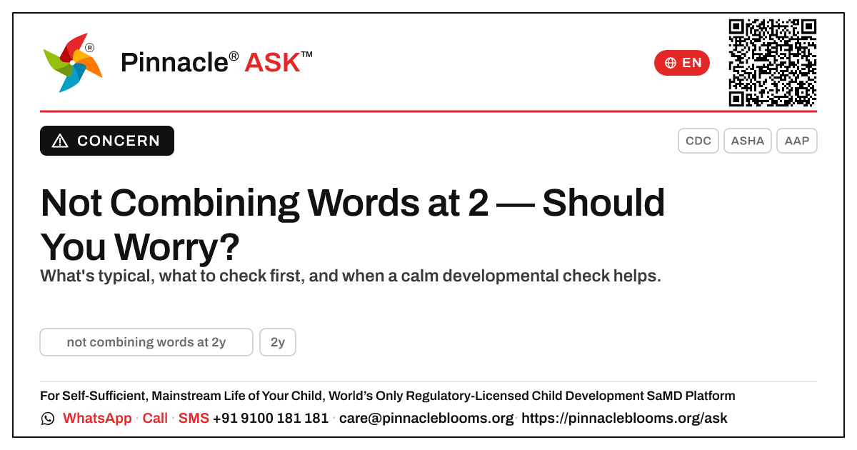 Not Combining Words at 2 Years — Pinnacle Ask answer card with a short explanation and QR link
