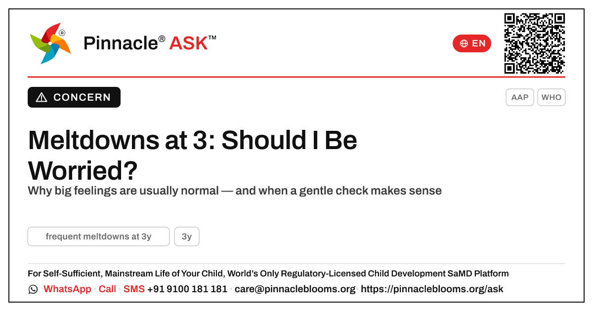 Frequent Meltdowns at 3 Years — Pinnacle Ask answer card with a short explanation and QR link